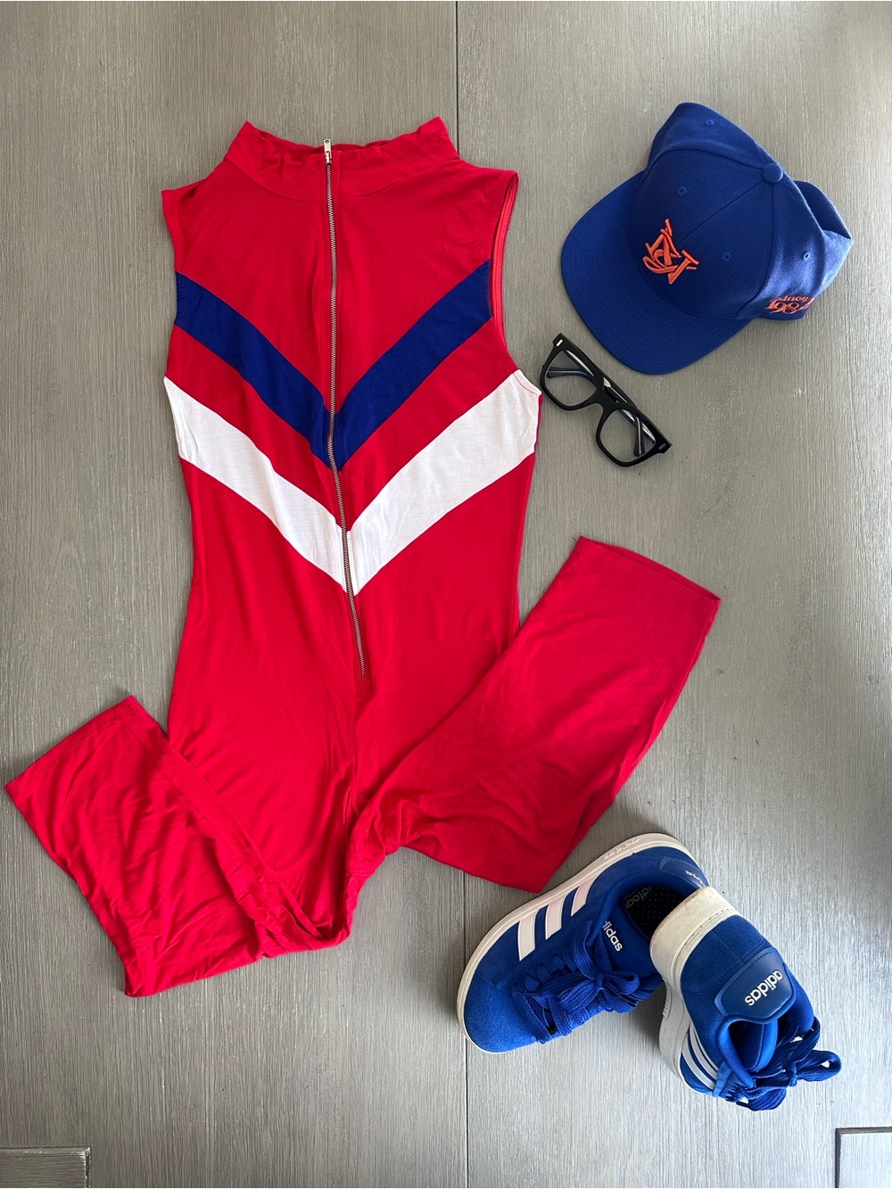 TOPIA Sleeveless capri length Red One-Piece with Blue and White Chevron